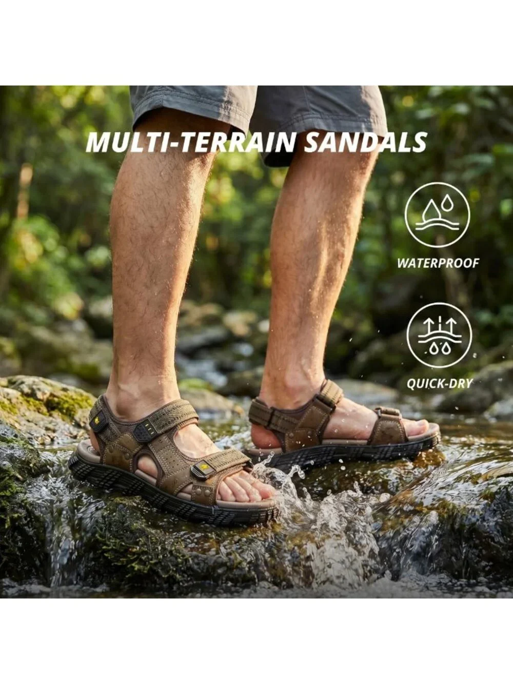 Men's Khaki And Green Comfort Leather Athletic Arch Support Hiking Sandal Shoes